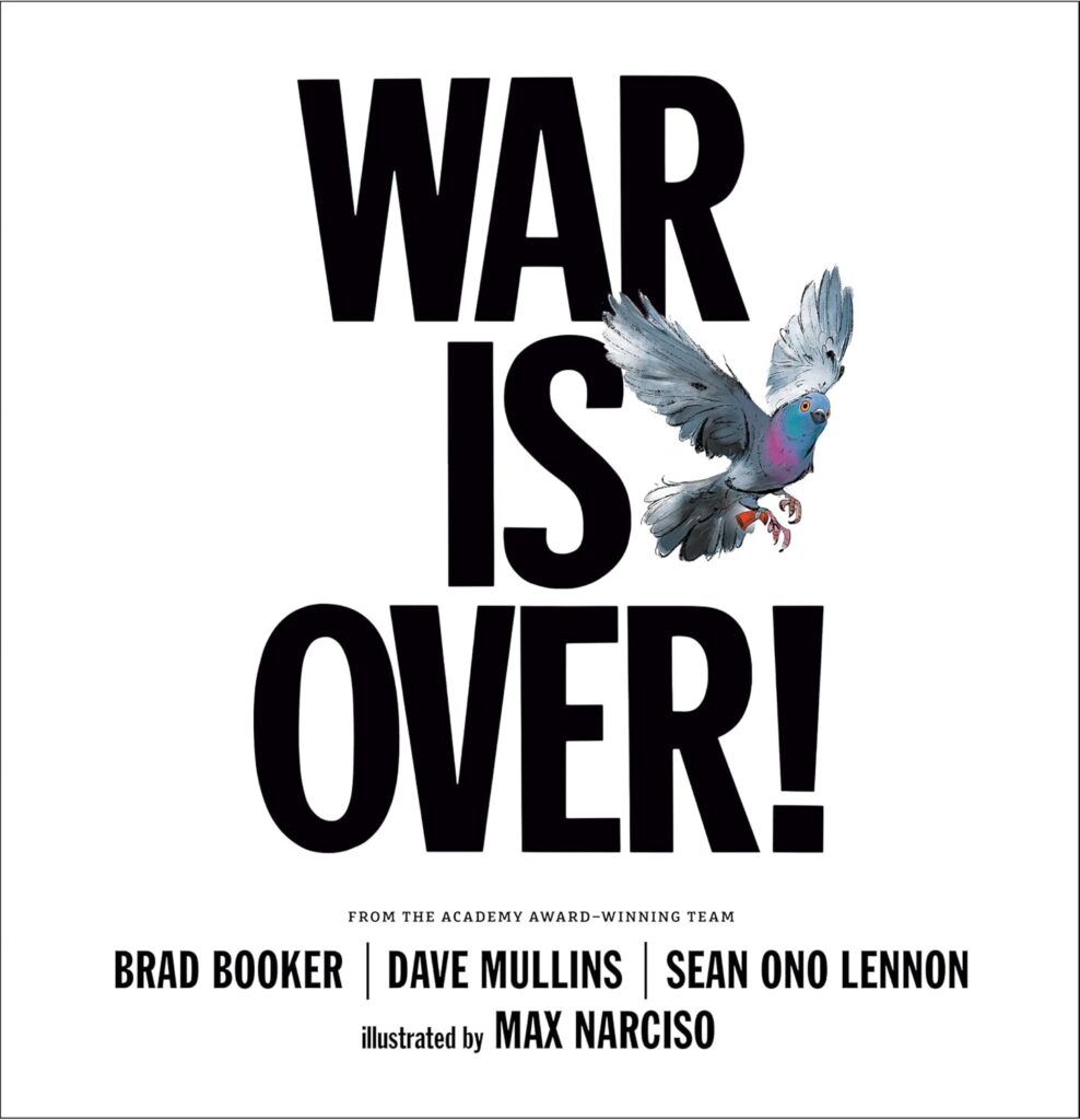cover of the book War is Over! with black text on white cover and Julia the carrier pigeon flying.